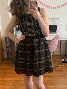 Minuet Petite Black Lace Overlay A-Line Dress
